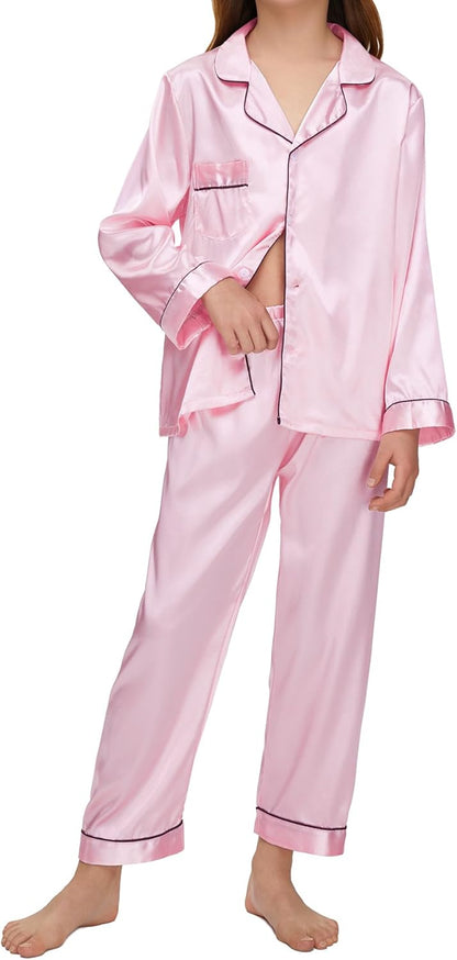 Kids Satin Pajamas Sets Girls Boys Button-Down Silky Pajamas Sleepwear with Hairband Eye Mask Hair Tie