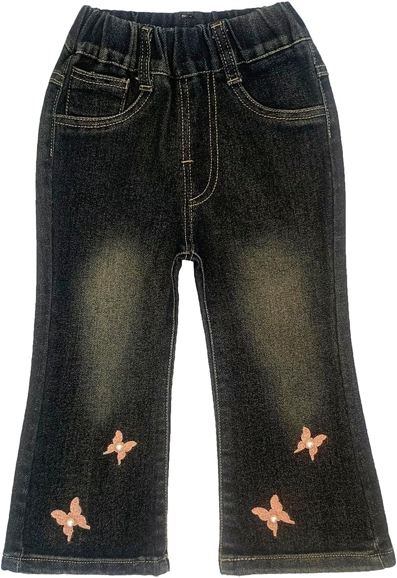 2-7T Spring Fall Little Girls 2Pcs Clothing Set Butterfly T Shirt and Boot-Cut Jeans