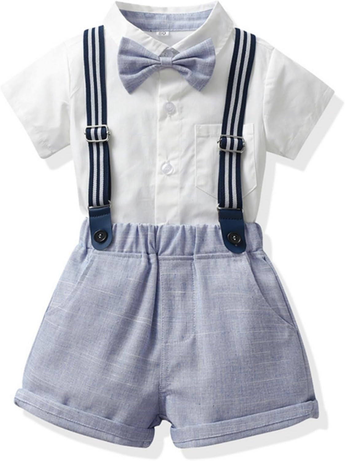 Toddler Boy Summer Gentleman Outfits Short Sleeve Shirt with Bowtie Suspender Shorts Suit 1-8 Years