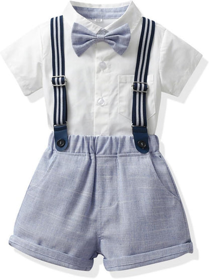Toddler Boy Summer Gentleman Outfits Short Sleeve Shirt with Bowtie Suspender Shorts Suit 1-8 Years
