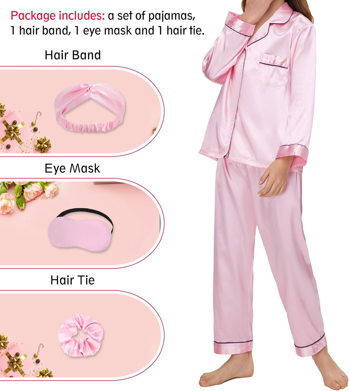 Kids Satin Pajamas Sets Girls Boys Button-Down Silky Pajamas Sleepwear with Hairband Eye Mask Hair Tie
