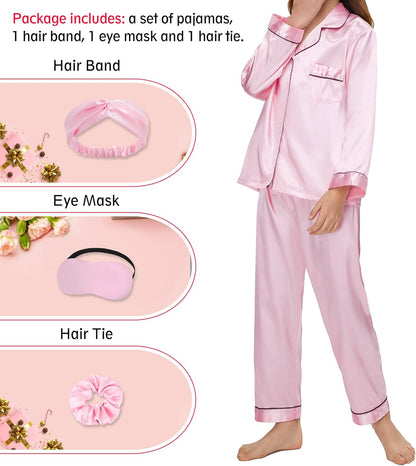 Kids Satin Pajamas Sets Girls Boys Button-Down Silky Pajamas Sleepwear with Hairband Eye Mask Hair Tie