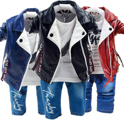 Spring Autumn Baby Boys Clothing Set 3Pcs Long Sleeve T-Shirt Leather Jacket And