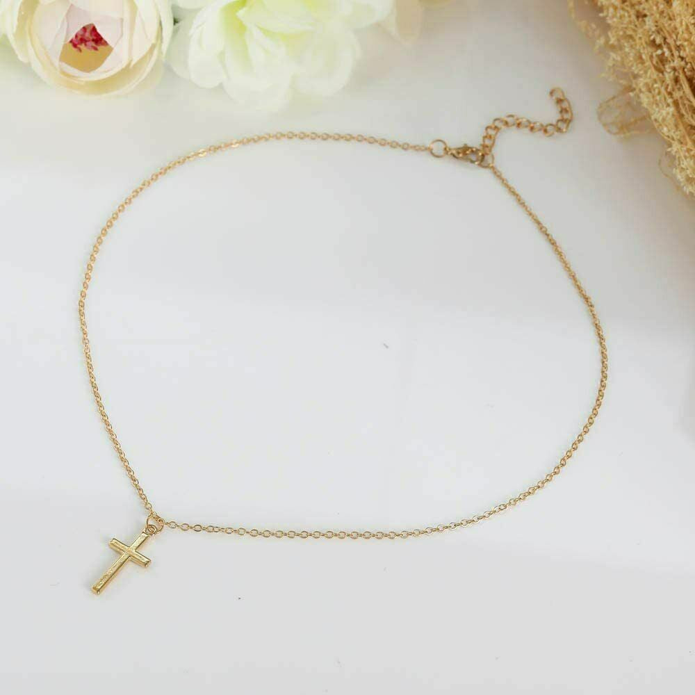Christian Religious Silver Gold Chain Pendant Charm Small Cross Necklace Choker