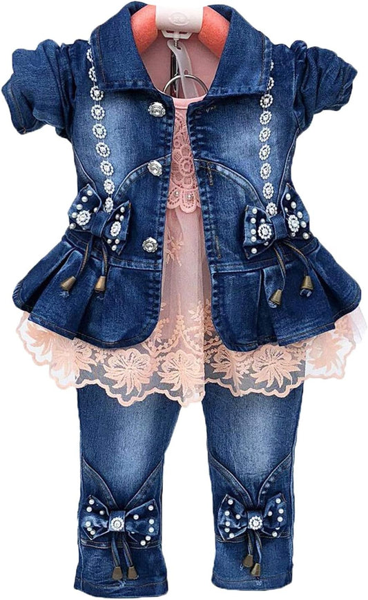 Spring Autumn Baby Girls Clothing Sets 3 Pcs Long Sleeve Tops Denim Jacket and Denim Trousers