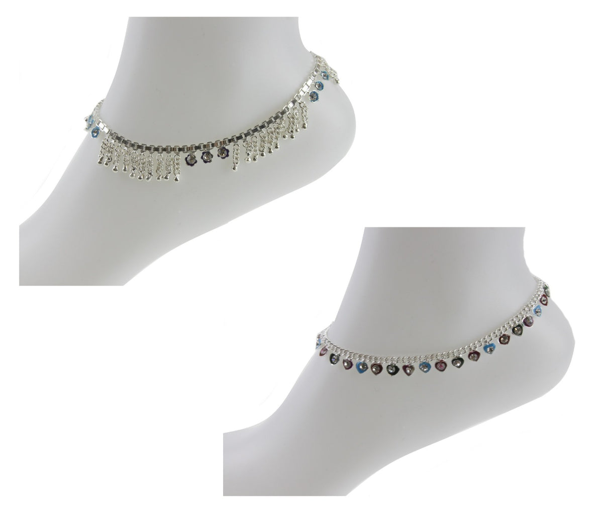 Silver Anklet Ankle Chain Multicolor Diamante Indian Bell Payal Foot Jewellery