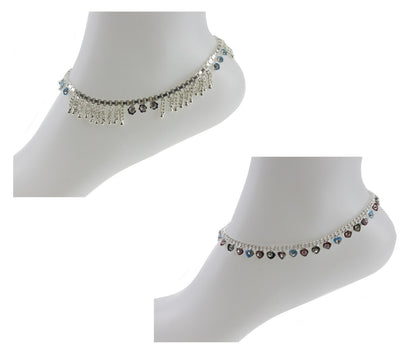 Silver Anklet Ankle Chain Multicolor Diamante Indian Bell Payal Foot Jewellery