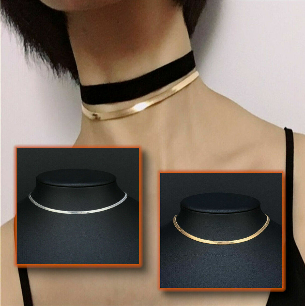 Simple Sexy Gold Silver Plated Shiny Flat Plain Snake Bone Chain Choker Necklace
