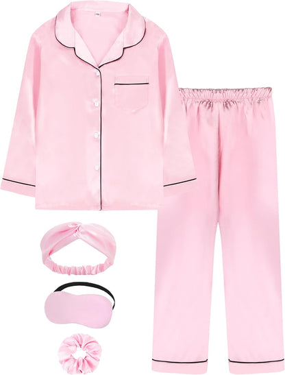 Kids Satin Pajamas Sets Girls Boys Button-Down Silky Pajamas Sleepwear with Hairband Eye Mask Hair Tie