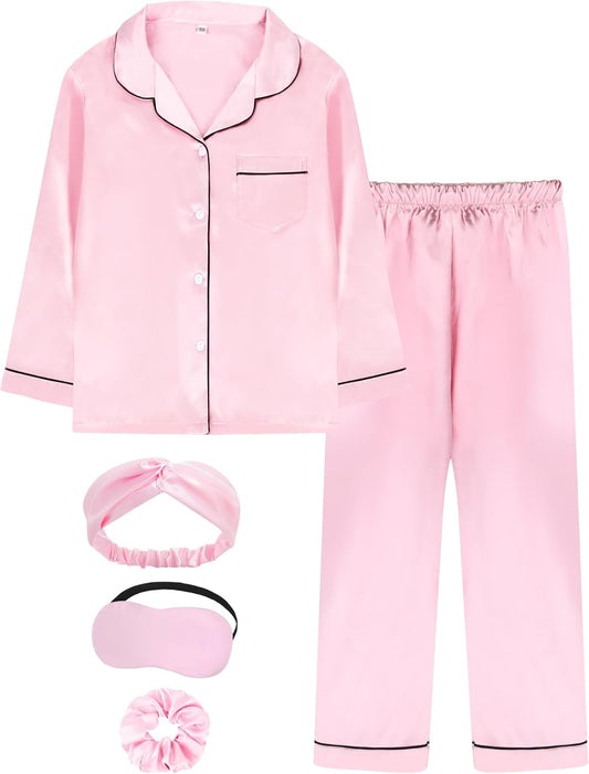Kids Satin Pajamas Sets Girls Boys Button-Down Silky Pajamas Sleepwear with Hairband Eye Mask Hair Tie
