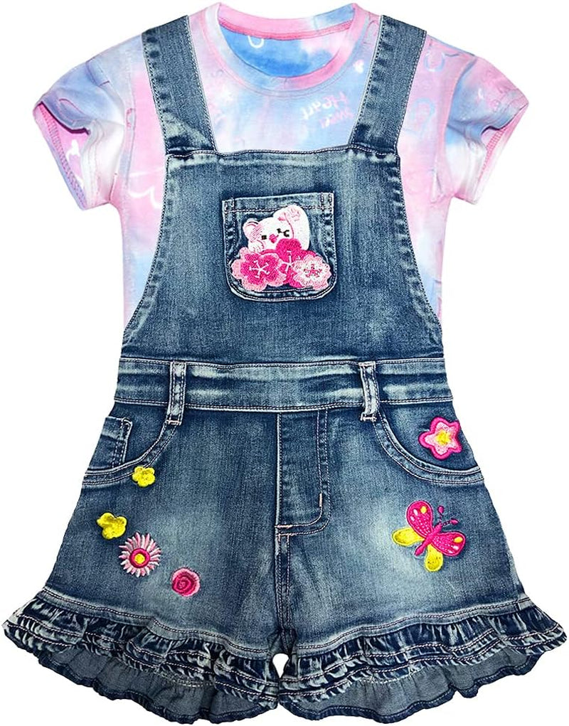 2-8T Girl Short Set 2Pc Casual Outfit Denim Overall T-Shirt