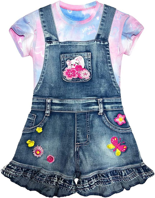 2-8T Girl Short Set 2Pc Casual Outfit Denim Overall T-Shirt