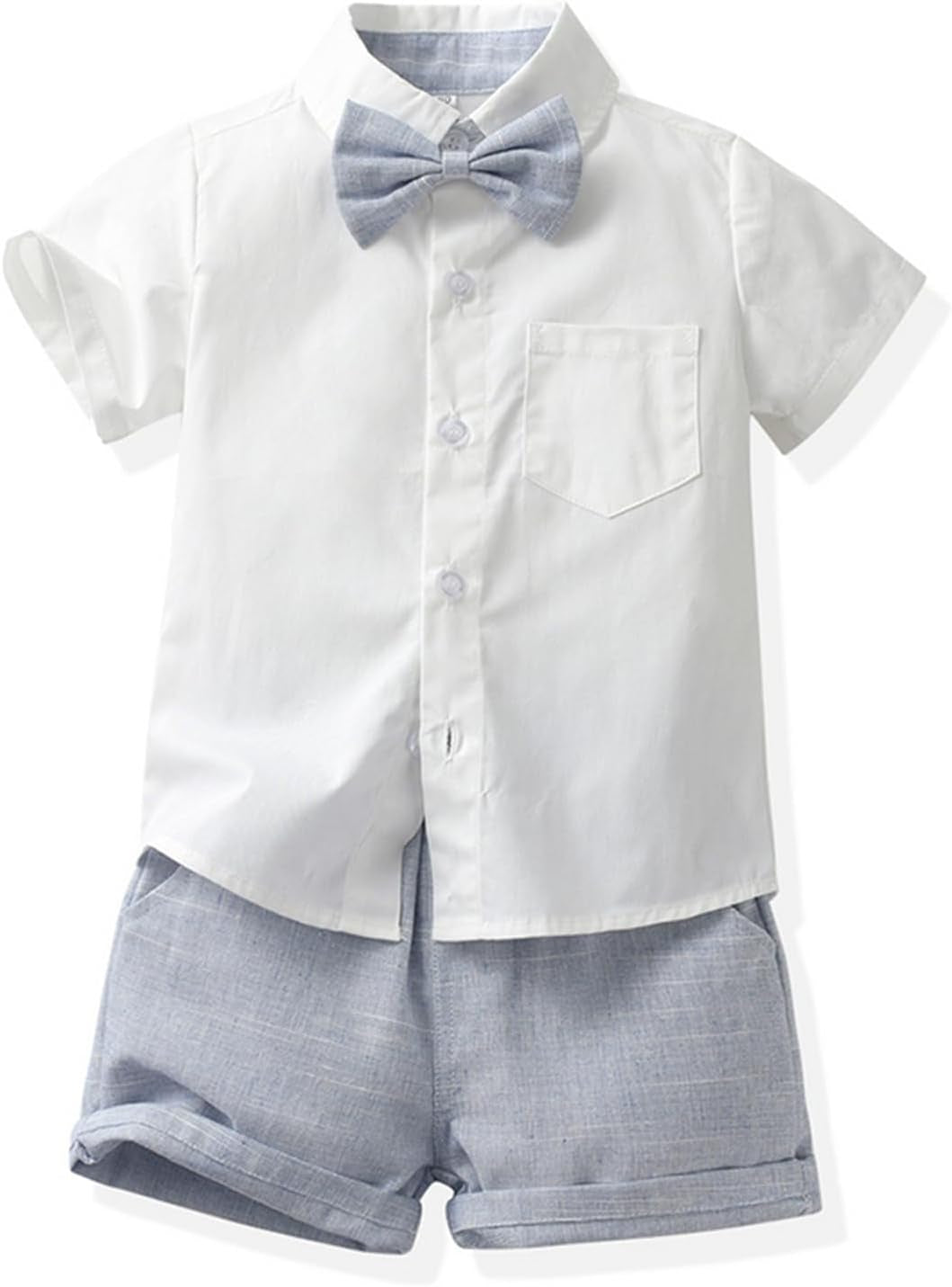 Toddler Boy Summer Gentleman Outfits Short Sleeve Shirt with Bowtie Suspender Shorts Suit 1-8 Years