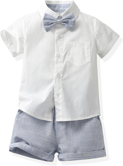 Toddler Boy Summer Gentleman Outfits Short Sleeve Shirt with Bowtie Suspender Shorts Suit 1-8 Years