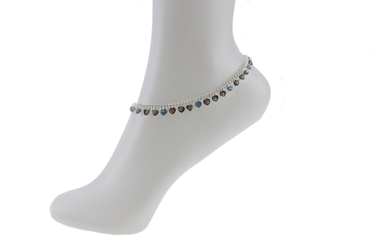 Silver Anklet Ankle Chain Multicolor Diamante Indian Bell Payal Foot Jewellery