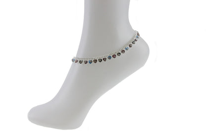 Silver Anklet Ankle Chain Multicolor Diamante Indian Bell Payal Foot Jewellery