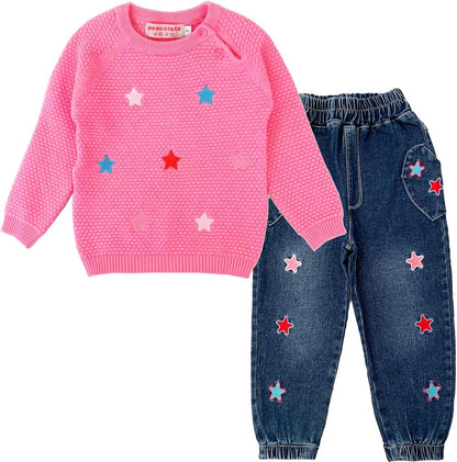2-10Years Spring Autumn Girls 2Pcs Clothing Sets Long Sleeve Knit Sweater and Embroidery Jeans