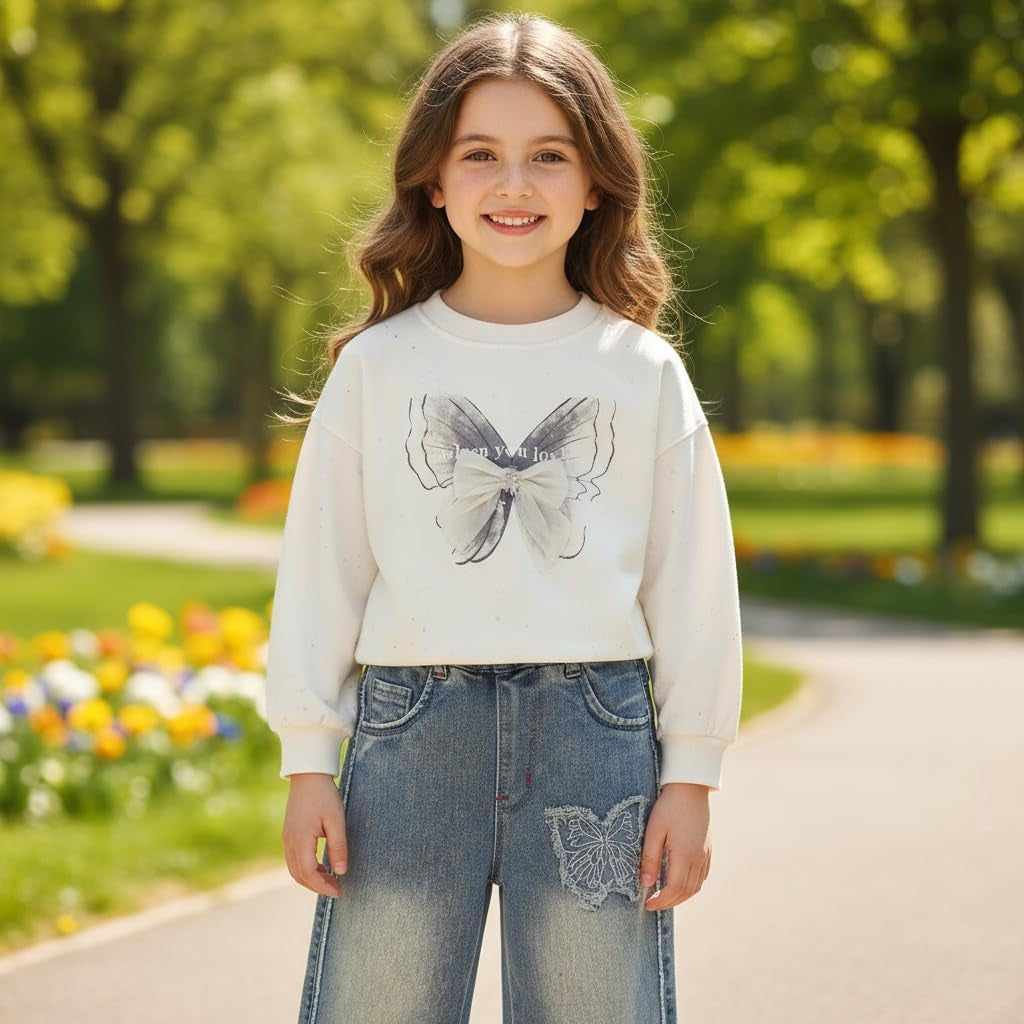 4-10Years Spring Fall Little Big Girls T Shirt and Jeans 2Pcs Clothing Sets