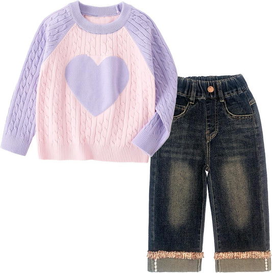 2-7T Spring Fall Little Girls 2Pcs Clothing Set Heart Sweater and Straight Jeans