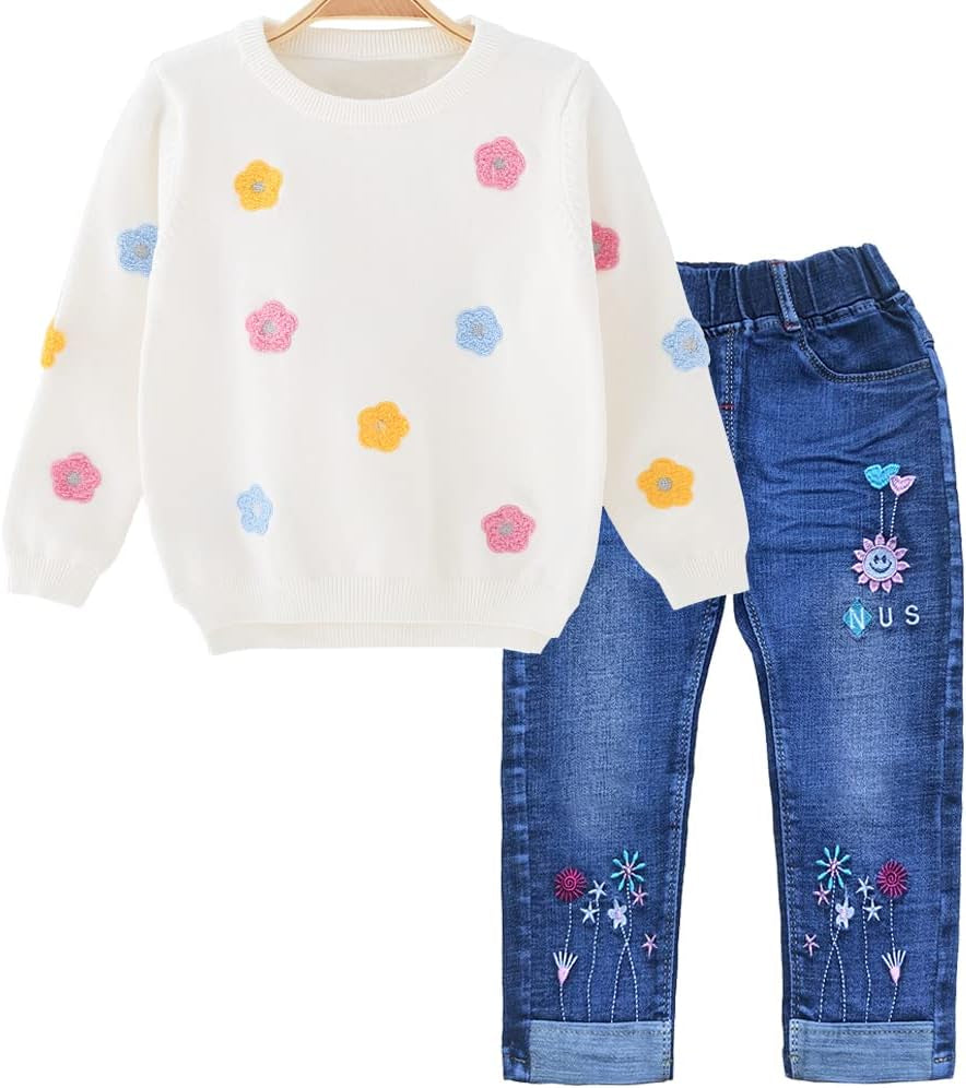 2-11T Toddler Big Girls Pants Clothing Set 2Pcs Cotton Top and Jeans