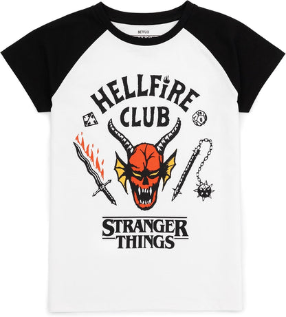Kids Pyjama Set | Hellfire Club Short Sleeve T-Shirt and Black Loungepants Pjs for Boys & Girls | Eddie Eleven Mike Dustin Max Members | Co-Ord Nightwear Netflix Series Merchandise