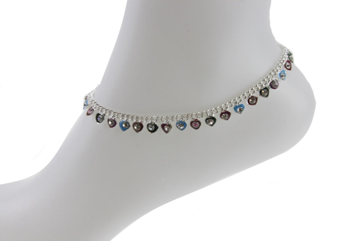 Silver Anklet Ankle Chain Multicolor Diamante Indian Bell Payal Foot Jewellery