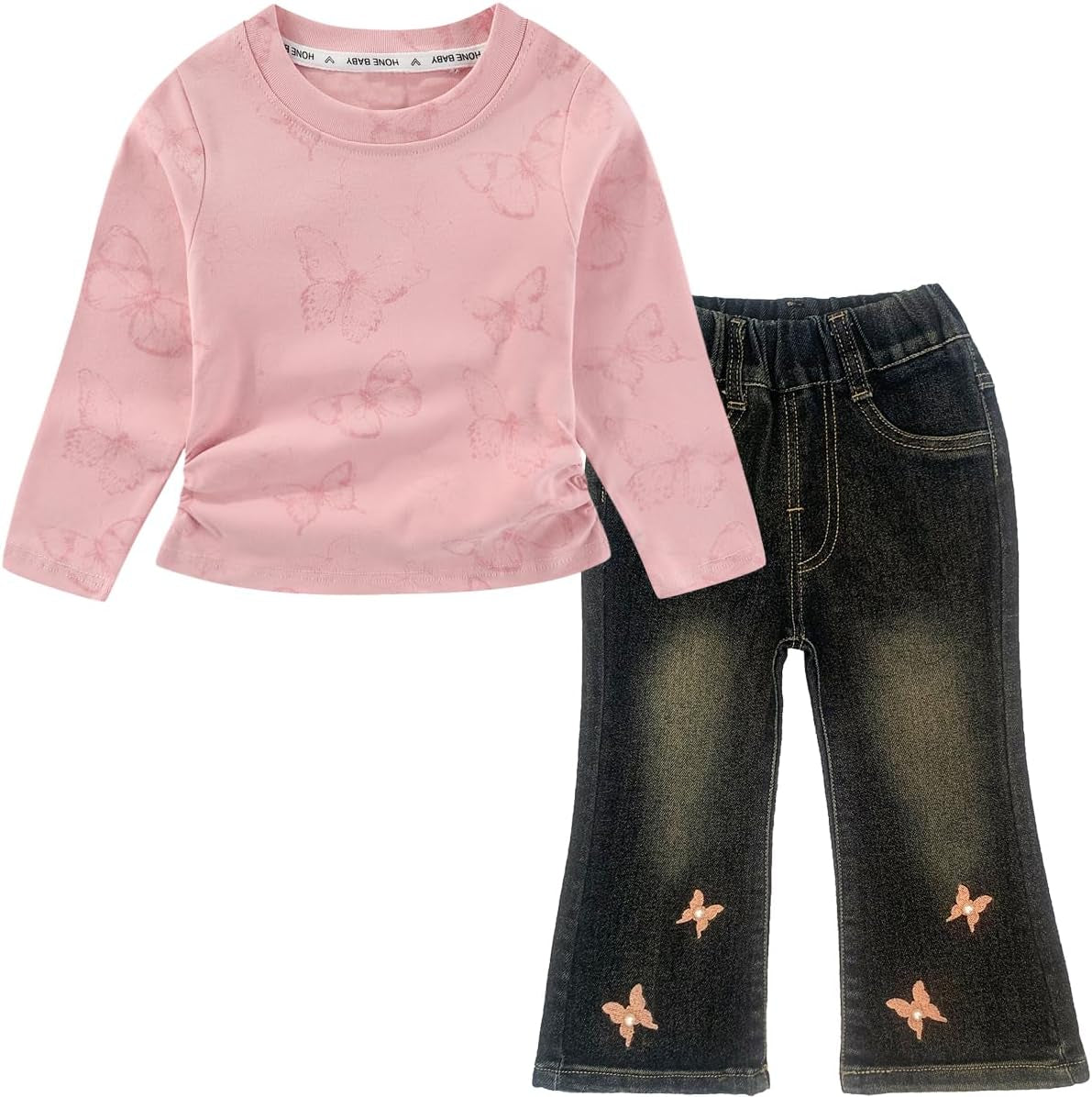 2-7T Spring Fall Little Girls 2Pcs Clothing Set Butterfly T Shirt and Boot-Cut Jeans