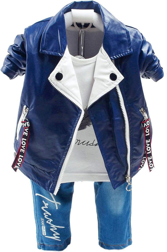 Spring Autumn Baby Boys Clothing Set 3Pcs Long Sleeve T-Shirt Leather Jacket And