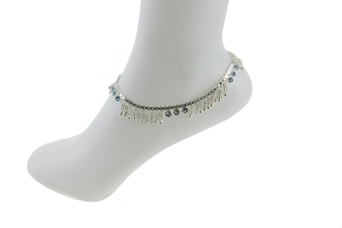 Silver Anklet Ankle Chain Multicolor Diamante Indian Bell Payal Foot Jewellery