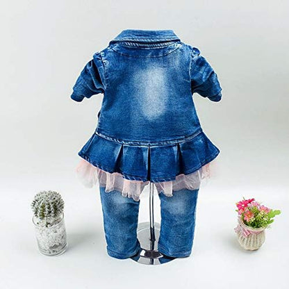 Spring Autumn Baby Girls Clothing Sets 3 Pcs Long Sleeve Tops Denim Jacket and Denim Trousers