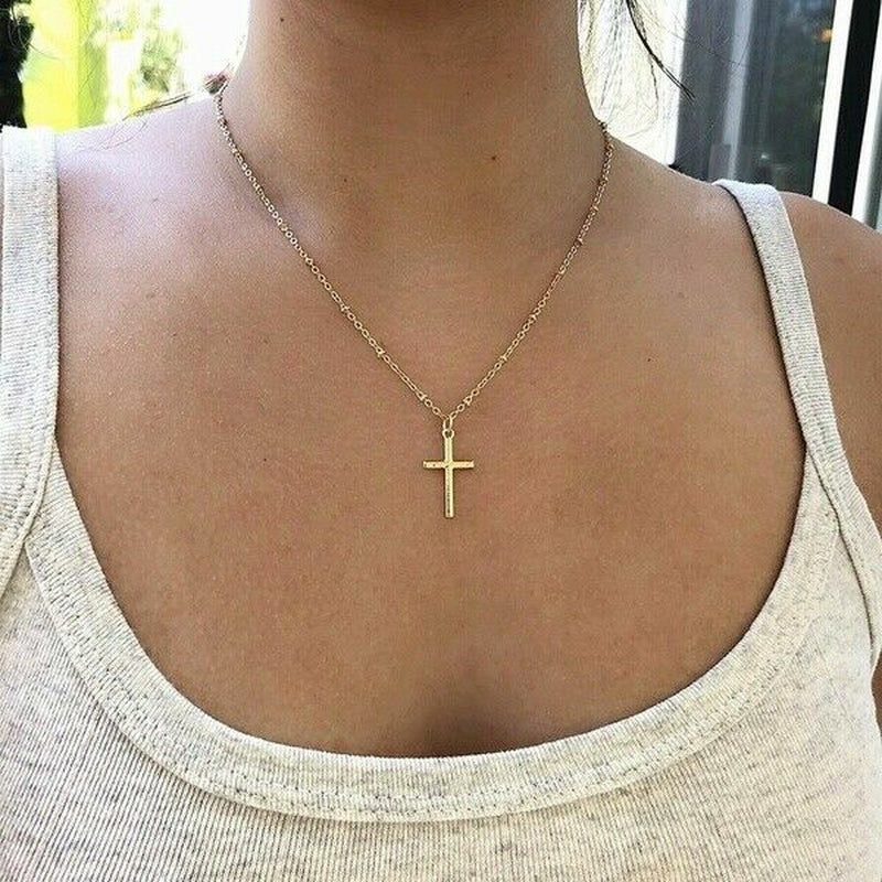 Christian Religious Silver Gold Chain Pendant Charm Small Cross Necklace Choker