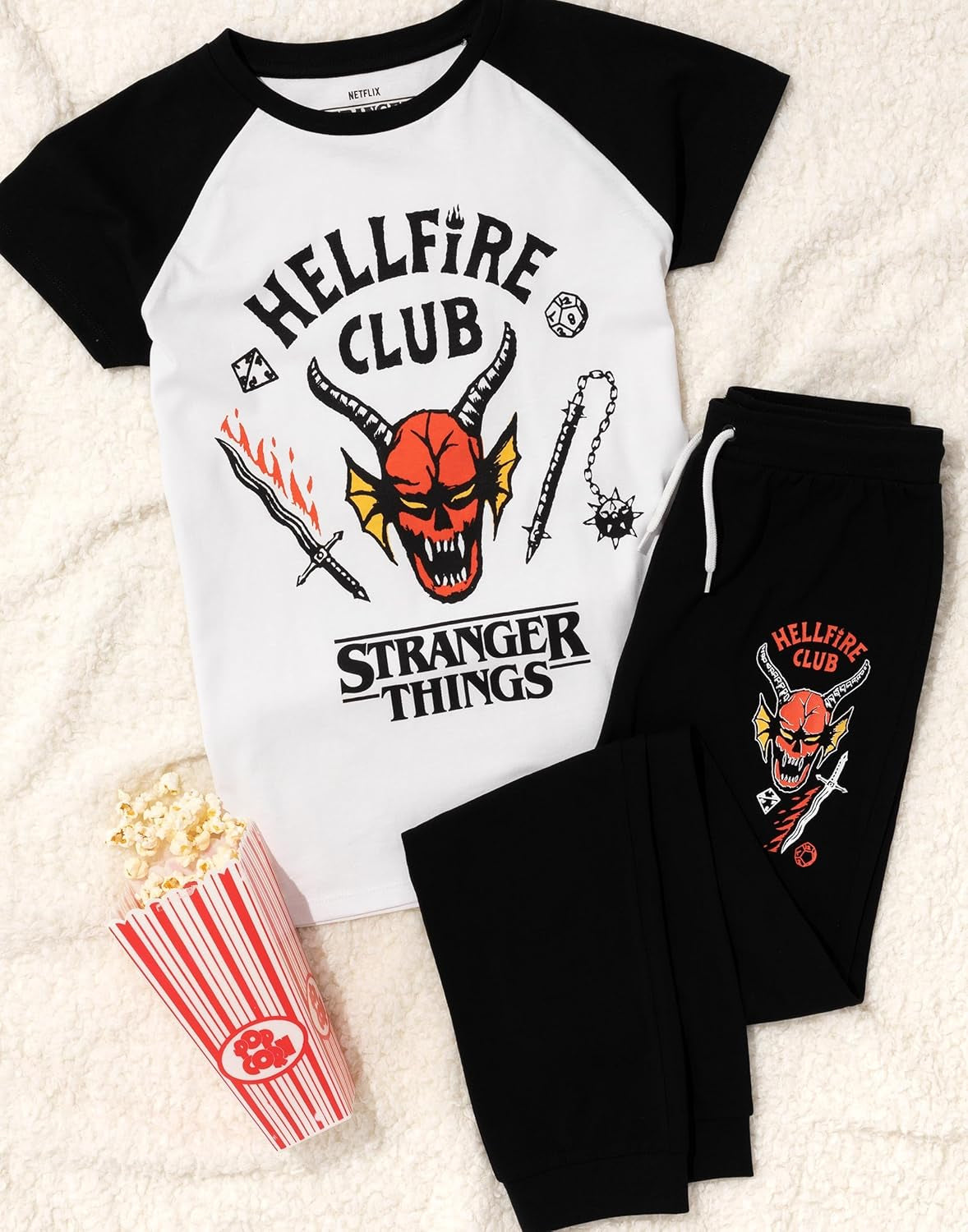 Kids Pyjama Set | Hellfire Club Short Sleeve T-Shirt and Black Loungepants Pjs for Boys & Girls | Eddie Eleven Mike Dustin Max Members | Co-Ord Nightwear Netflix Series Merchandise