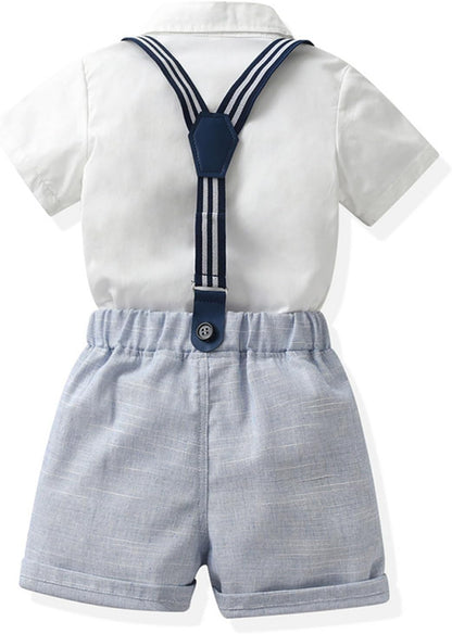 Toddler Boy Summer Gentleman Outfits Short Sleeve Shirt with Bowtie Suspender Shorts Suit 1-8 Years