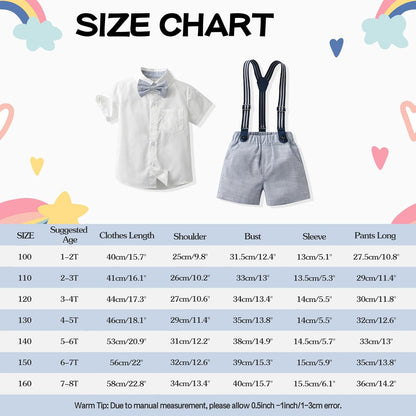 Toddler Boy Summer Gentleman Outfits Short Sleeve Shirt with Bowtie Suspender Shorts Suit 1-8 Years