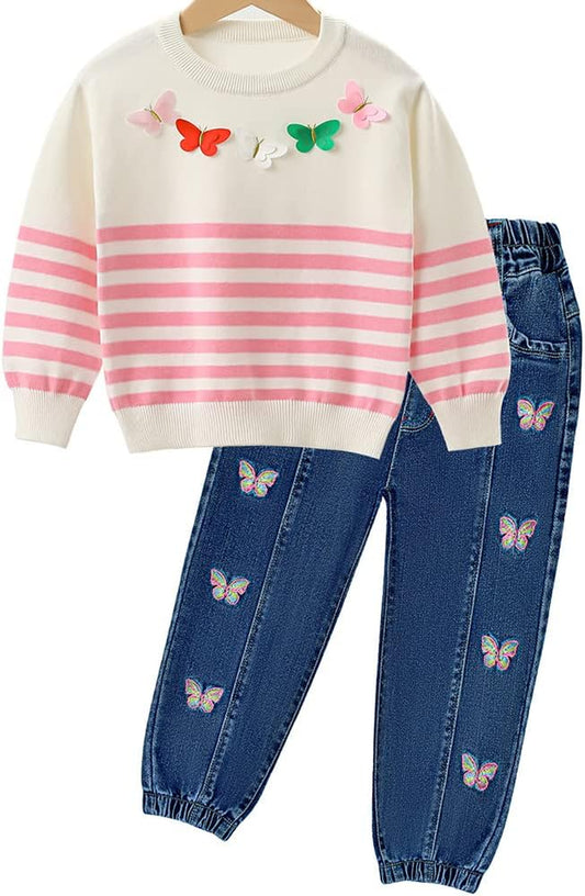 2-11T Toddler Big Girls Pants Clothing Set 2Pcs Cotton Top and Jeans