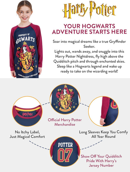 Girls Nightdress | Gryffindor Girls' Nighties | Long Sleeve Hogwarts Nightie for Kids