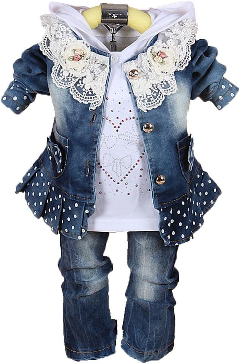 Baby Girls Denim Clothing Sets 3 Pieces Sets T Shirt Denim Jacket and Jeans