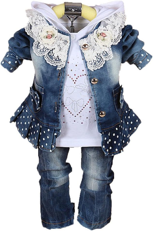 Baby Girls Denim Clothing Sets 3 Pieces Sets T Shirt Denim Jacket and Jeans