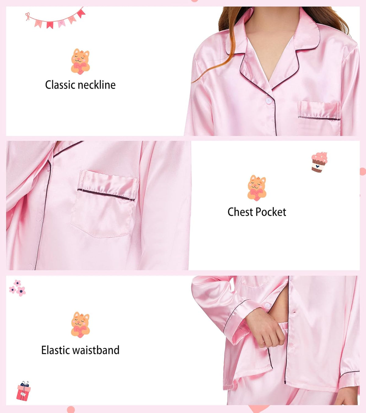 Kids Satin Pajamas Sets Girls Boys Button-Down Silky Pajamas Sleepwear with Hairband Eye Mask Hair Tie
