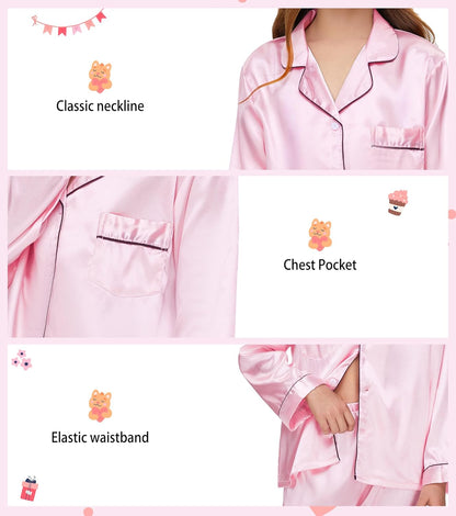 Kids Satin Pajamas Sets Girls Boys Button-Down Silky Pajamas Sleepwear with Hairband Eye Mask Hair Tie