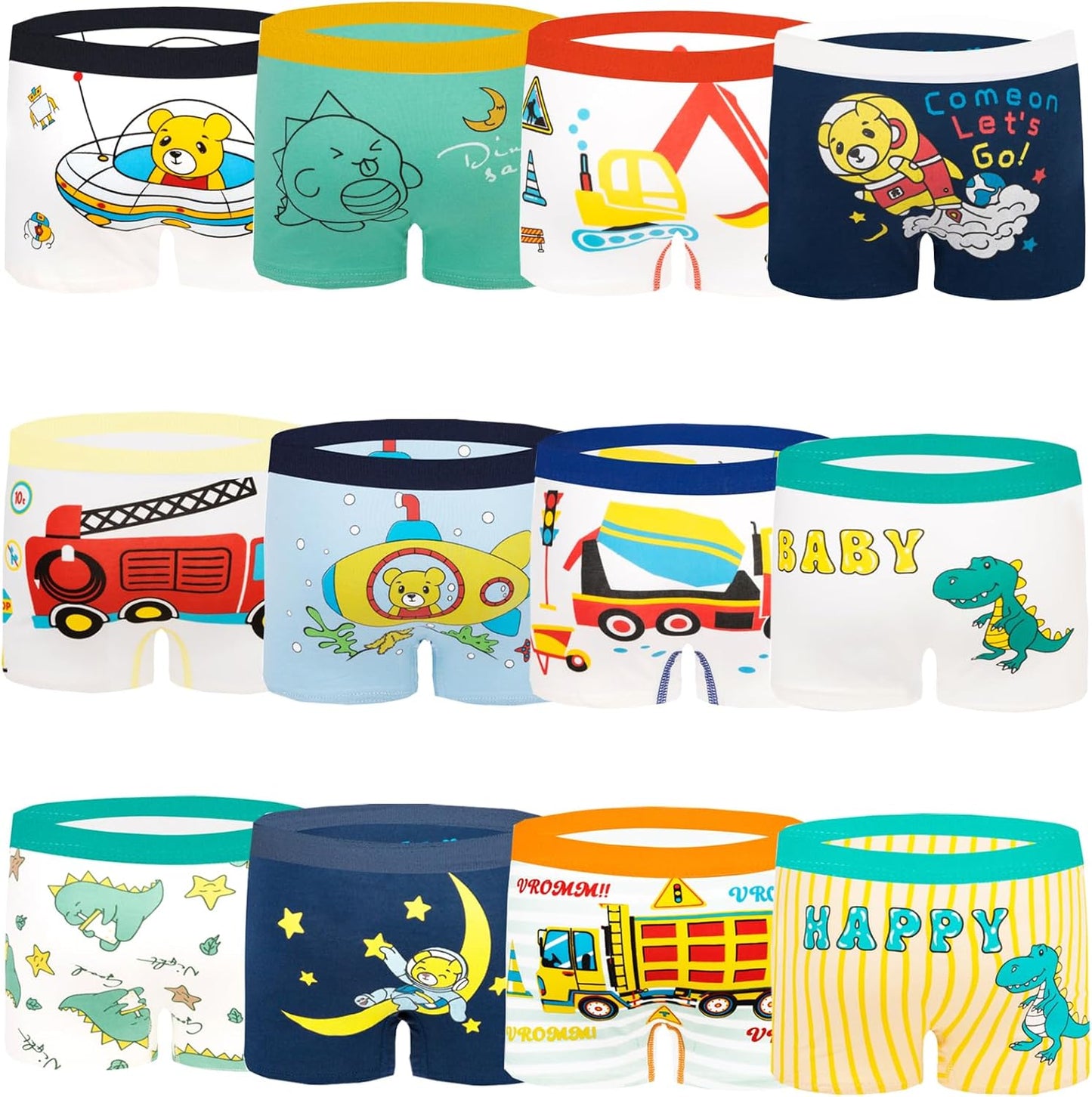 Boys Underwear Boxer Shorts Cotton Dinosaur Pattern Boxer Brief Underwear 12 Pack, 3-13 Years