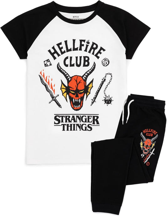 Kids Pyjama Set | Hellfire Club Short Sleeve T-Shirt and Black Loungepants Pjs for Boys & Girls | Eddie Eleven Mike Dustin Max Members | Co-Ord Nightwear Netflix Series Merchandise