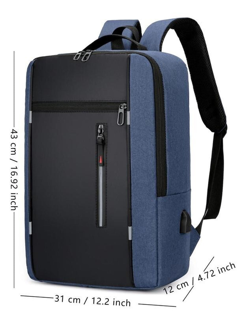 Mens Blue Classic Business Waterproof Zipper Backpack, Shoulder Bag USB Port
