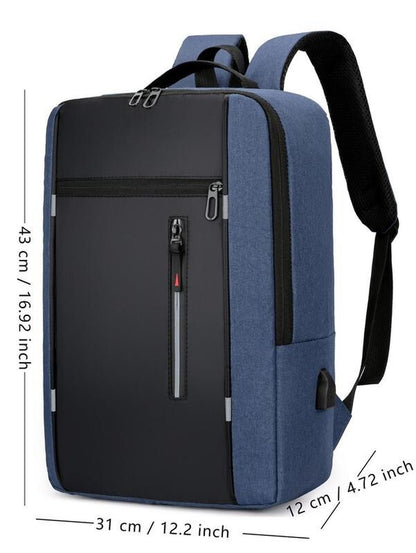 Mens Blue Classic Business Waterproof Zipper Backpack, Shoulder Bag USB Port