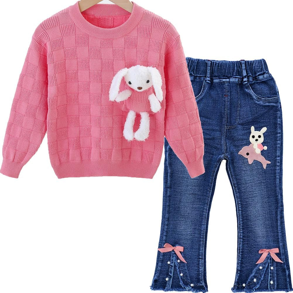 18Months-10T Little Big Kids Girls Clothing Sets 2Pcs Top Cotton Knitted Sweater Pullover with Denim Jeans