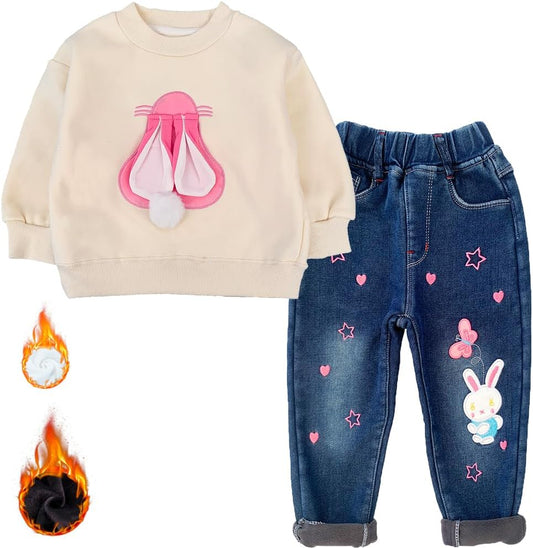 18M-9Years Spring Autumn Girls 2Pcs Clothing Sets Long Sleeve T Shirt and Embroidery Jeans