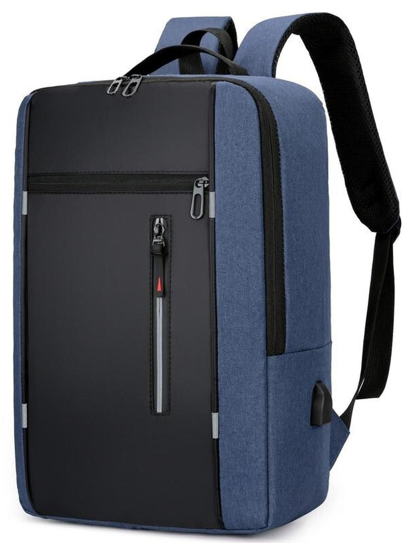 Mens Blue Classic Business Waterproof Zipper Backpack, Shoulder Bag USB Port