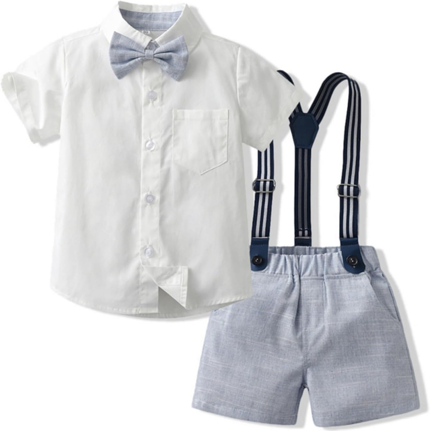 Toddler Boy Summer Gentleman Outfits Short Sleeve Shirt with Bowtie Suspender Shorts Suit 1-8 Years