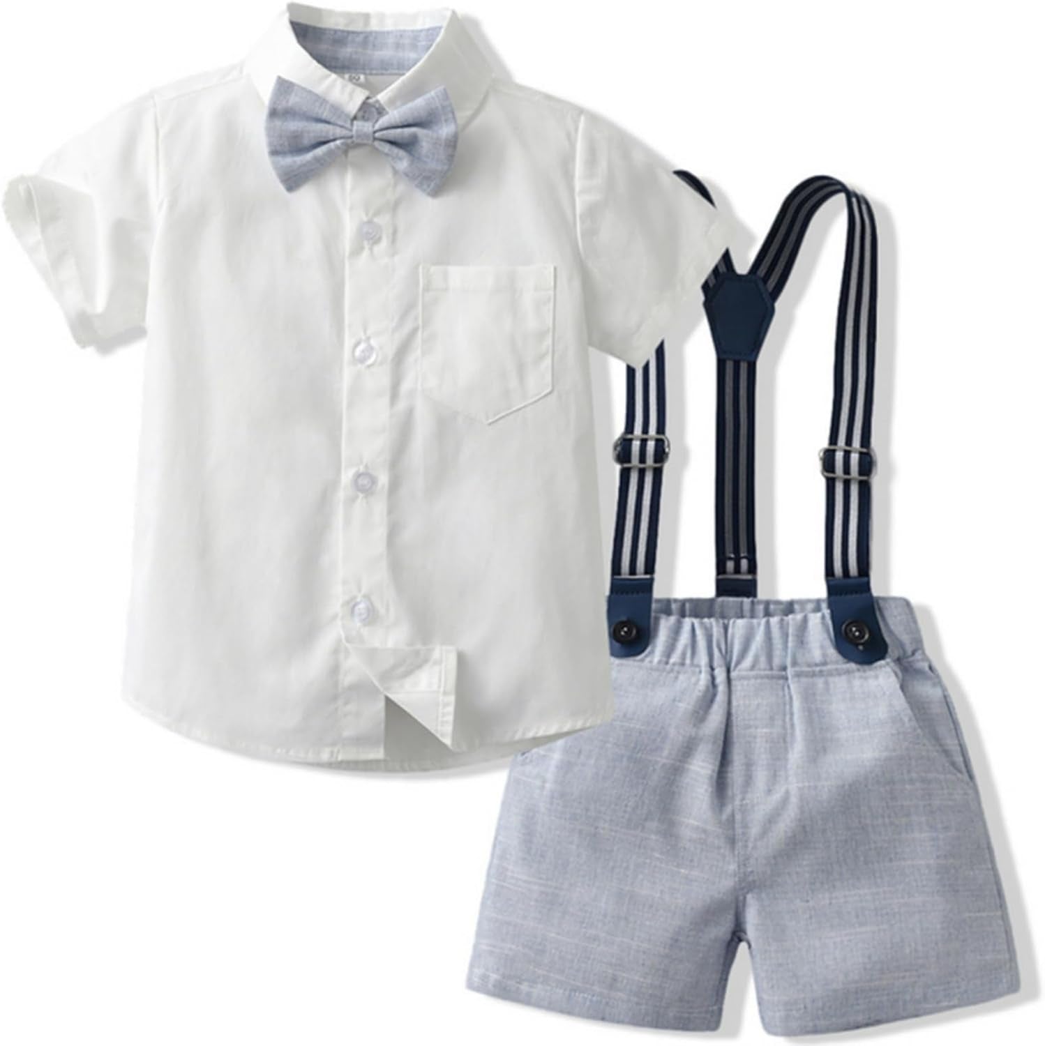 Toddler Boy Summer Gentleman Outfits Short Sleeve Shirt with Bowtie Suspender Shorts Suit 1-8 Years