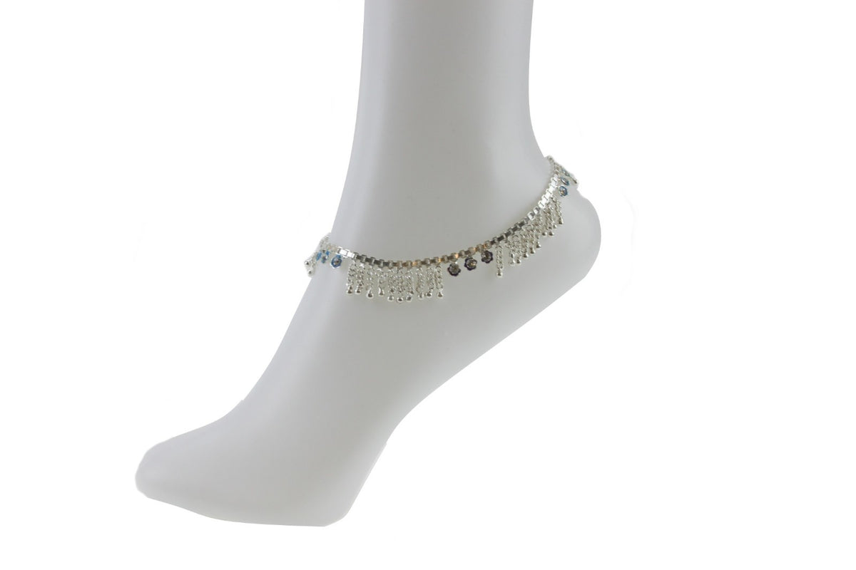 Silver Anklet Ankle Chain Multicolor Diamante Indian Bell Payal Foot Jewellery